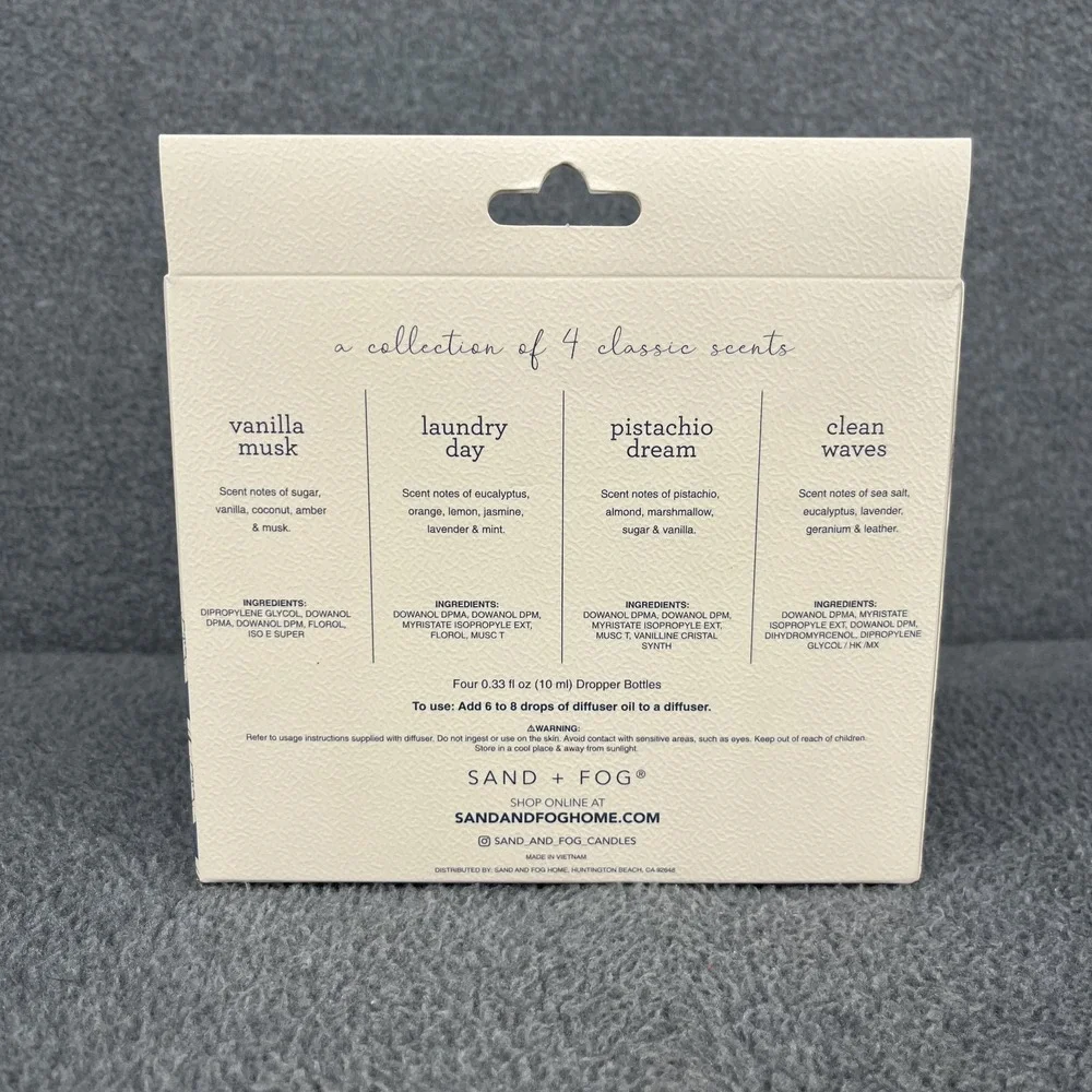 Sand + Fog Fragrance Diffuser Oils Set of 4 Vanilla Laundry Pistachio Clean wave